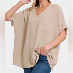 NEW Zenana Mocha Tan Oversize V-Neck Textured Short Sleeve Chest Pocket T-Shirt